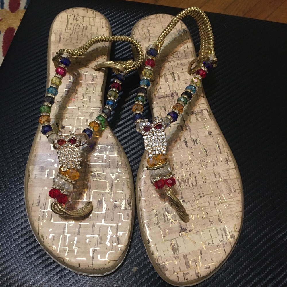 Beaded owl thong sandals